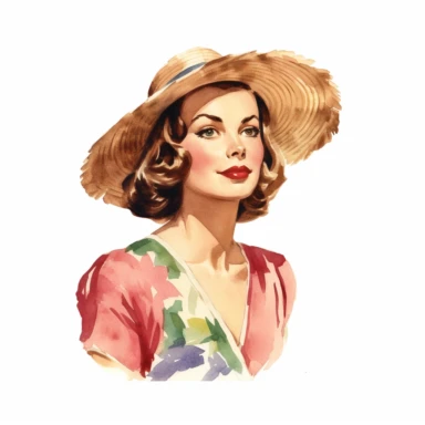 vintage woman colorful illustration old fashioned summer , Hand drawn , watercolor style,clipart,no shadow,single design, print on demand image, PNG transparent ,white background for removing background - - no text shadow font watermark