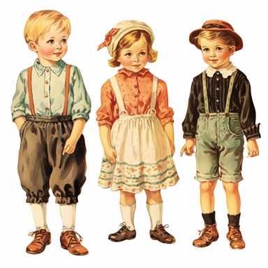 vintage cute children's outfit clipart set, old children's book illustration, white background