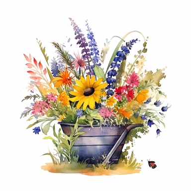 Watercolour Meadow-Inspired bouquet Extra large, Create a meadow-inspired arrangement by combining native UK and American flowers that bloom in meadows, Mix cowslips, cornflowers, and red campions from the UK with black-eyed Susans, goldenrods, and butterfly weeds from Americaplanted in a Metal wheelbarrow watercolour flower arrangement, clipart, vector, intermingled with greenery, white background, no captions, no vase, flower bed setting, aspect 2:2 repeat 5
