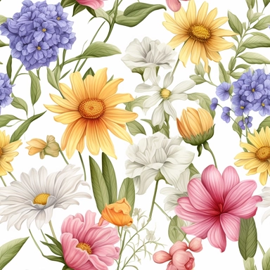 3D flora, flowers, Watercolor, vector, white background, clipart, Seamless patterns, repeating patterns design, flat illustration, outlined , Vector, 4K, Art station, digital print, highly detailed clean