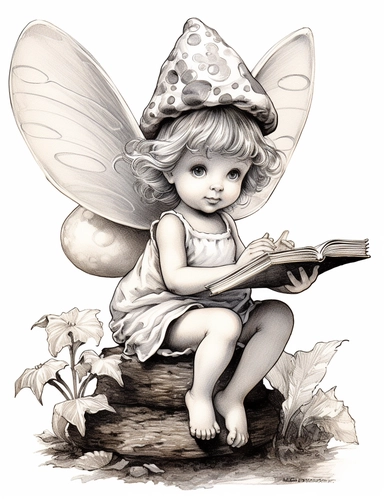 three quarter shot of a hand drawn coloring page of Beautiful Cute baby fairy with wings standing on a mushroom reading a book , Style by artist thomas w. schaller, clipart, white background
