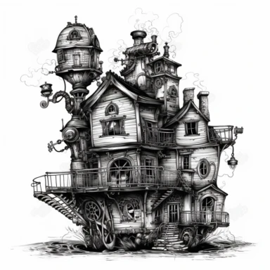scary horror Steampunk one house Clipart, Retro Futuristic Victorian Era Art, white background