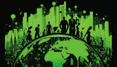 MSCI World Index, A stock market index of companies from around the world, bustling and dynamic, set against a backdrop of a modern metropolis with tall skyscrapers and bright lights, conveying a sense of global interconnectedness and progress, infographics svg clipart in green color shades.