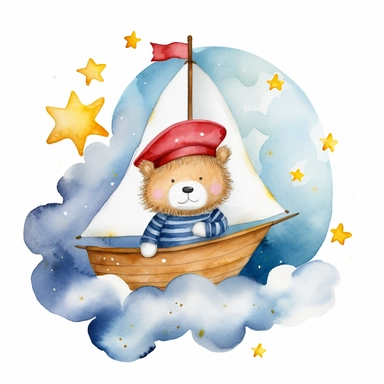 dreamy night sky clouds and a swarm of golden stars. a cute plushie sailor bear in a blue and white striped shirt and a sailor hat and a small red bowtie, in a wooden sailboat with a white sail, sailing on fluffy clouds, not sea. prominent visible brush strokes, watercolour texture, watercolor clipart png on white background