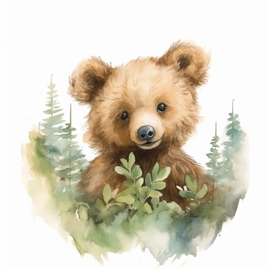 little,baby brown bear,neutral nursery art,cute bear, Baby attire,intricate,disney, baby light green,baby light blue, baby light ocher,hairy, cotton, beautiful trees,enchanted Forest,realism, watercolor painting, enchanted Forest, solid background, white background, vintage outfit, oil painting, photobashing, tattoo design,clipart--s500--v 5