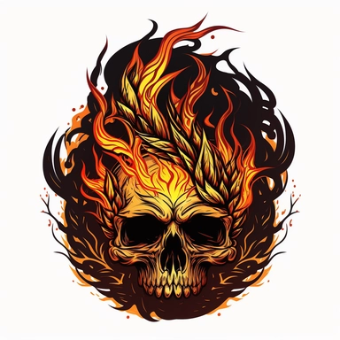 flame skull, surrounded by fire, tempera clipart illustration, dark outline, high definition, bold, clean, crisp, smooth, white background