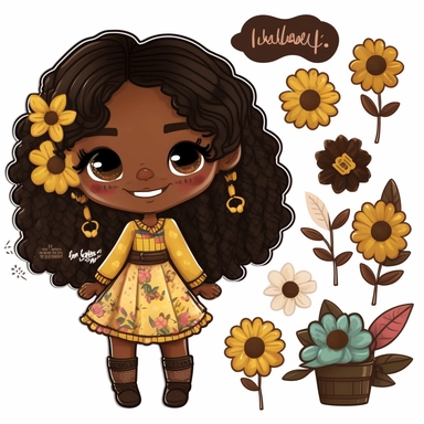 Clipart sticker page of happy adorable brown skin black kawaii girl, wearing fall clothing, leaves and sunflowers, printable planner sticker page, white thick stroke, cozy illustrations