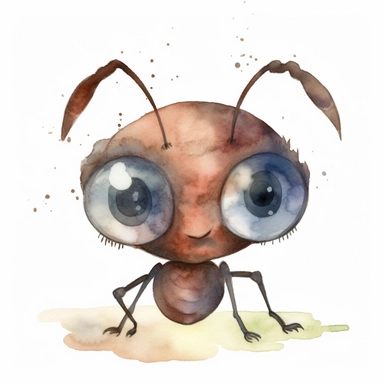 For your cute baby ant clipart, imagine a whimsical watercolor depiction of a small, chibi-style ant. The ant should be symmetrical and centered, with a round head and big, expressive eyes that are slightly spaced apart. The eyes should be drawn in a way that makes them appear friendly and curious, with a hint of mischief. The ant's face should be detailed, with tiny mouthparts and delicate antennae that curve upward. The ant's body should be plump and rounded, with six short legs that are sligh