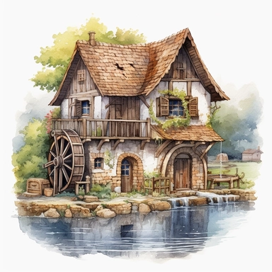 Highly detailed watercolor clipart artwork showcasing the beauty of an ancient medieval cottage with waterwheel surrounded by nature's tranquility. The cottage, situated alongside a calm and meandering river, features a charming waterwheel that turns gracefully, adding a touch of whimsy to the scene. The artist's meticulous attention to detail brings the rustic cottage to life, with textured stone walls, a thatched roof, and vibrant vegetation. Against a pure white background, clipart,