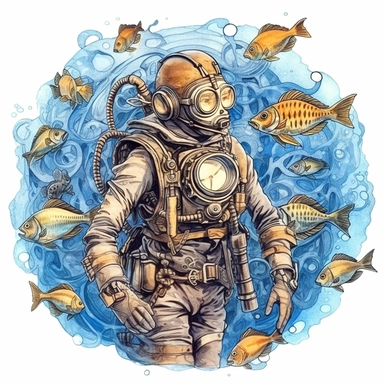 steampunk scuba diver surrounded by fish. watercolor, ultra high-detail, clipart