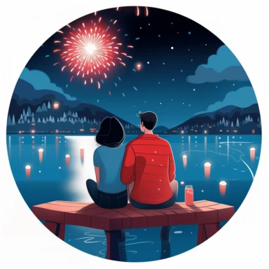 bright red, white, and bright blue fourth of july illustration clipart of a cute young couple sitting on a long dock lakeside watching fireworks bursting in the night sky. cropped inside of a round shape with a white background in the style of Joey Chou