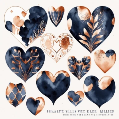 watercolor heart shapes, clipart collection, copper and navy tones, on white background