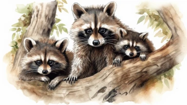 Curious Raccoons: A family of raccoons peeking out from behind a tree, with one raccoon looking directly at the viewer - cute and adorable watercolor illustration with photorealistic high details clipart, white background