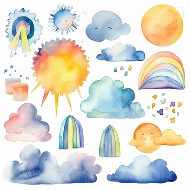 watercolor clipart graphics, weather theme, clouds, sun, rain, moon, wind, snow, lightning, sun, rainbow isolated elements, cohesive sticker set