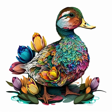 psychedelic cute real flower duck art nouveau, bright colours, clipart, centred, white background