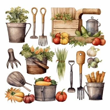 watercolor garden tools,Country farm gardening,Farmhouse decor clipart,vegetable,flower,Vintage rusty element. clip art
