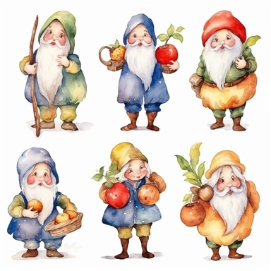 Watercolor snow white , illustrations clipart set, simple , cartoon elements, fairy tale theme and elements, different characters, 7 dwarves, different variants , , separate elements with a margin