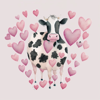 pink valentines day small cow print hearts, Lilla Rogers agency, watercolor, fairytale, folkart, clipart, white background