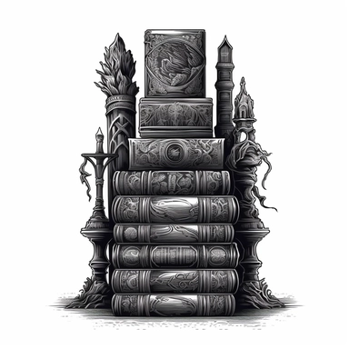 Create an impressive clipart of a clean, dark wizard's book stack on a pure white background. The design should incorporate elements of the gothic and fantasy genres, with dark hues and ornate designs on the books' spines. The lighting should be moody and shadowy, with a focus on the intricate details of the books' covers. The book stack should be perfectly symmetrical to create a sense of order and balance. Use a macro lens to capture the intricate details of the books' designs and play with th