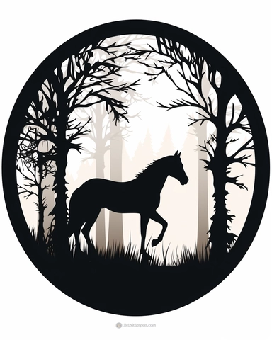 a circle with horse inside it SVG Papercut Template, svg cut files, Silhouette, Clipart Vector, flat black lines on white background, Cricut, in style of foxsister