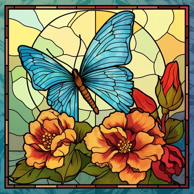 stained glass clipart of one butterfly and flowers, vincent van gogh style