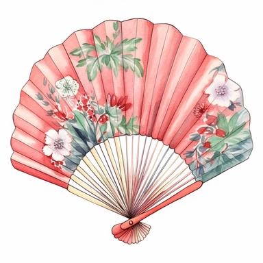 a cute one Japanese Folding Fan , watercolor Sublimation graphics, hand drawn illustration by katie daisy, Watercolor clipart, single design, single object, print on demand image, PNG transparent background, white background for removing background - - no text shadow font watermark, 8k