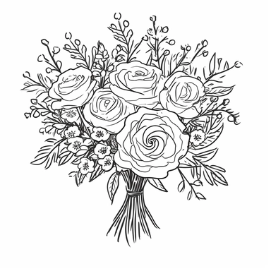 vector illustration, hand drawn, simple floral bouquet, silhouette, outline svg, clipart, basic wedding bouquet, all white background