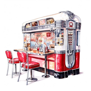 A classic American roadside diner with chrome accents, vinyl booth seating, and a jukebox playing classic hits, clipart, watercolor, white background, american style