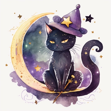 Watercolour cute black witches cat, wearing a witch hat, clipart. The cat is sitting on a crescent moon with a starry background, holding a wand in its paw. Its eyes are closed, and it has a serene expression on its face. The cat's fur is a mix of black and purple shades, and the witch hat has a golden buckle. The wand has a crystal on its tip, and it's emitting a soft glow. The scene takes place on a rooftop in a big city. The cat and the moon are surrounded by skyscrapers, and there's a full m