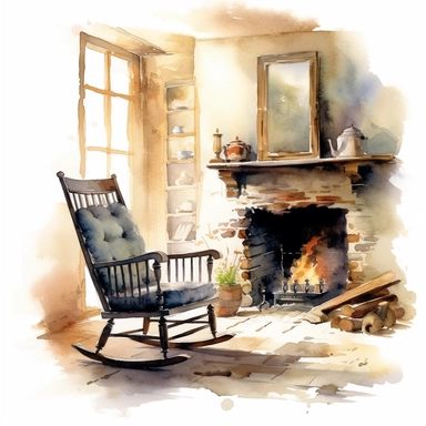 a crackling fireplace in an old room with an antique rocking chair and an open weathered book on the rocking chair, watercolor by Thomas Schaller, clipart, q2--v5.1