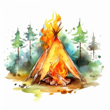 watercolor colorful clipart of a joyful summer campfire, hd, on white background