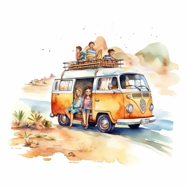 watercolor colorful clipart of a happy family road trip, hd, on white background