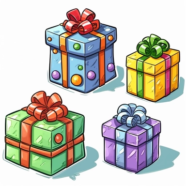 christmas gift boxes, objects, vibrant colors, cel shading, game graphics, clean lines, lineart, simple, cute, on white background, vector art, clip art, doodle art, comic art