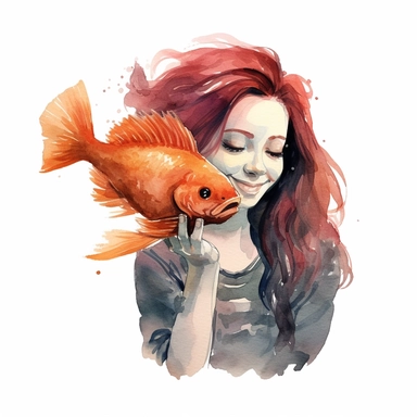 Adorable pet Betta Fish having happy moment with it's human owner, water color style, clipart, white background