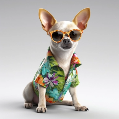 A hyper-realistic Chihuahua wearing a stylish Hawaiian shirt and cool sunglasses, depicted on a white background in a clip art style. Cinematic, hyper-detailed and insanely detailed, the image is beautifully colored with the help of the Unreal Engine. The depth of field (DOF) effect enhances the visual impact, while the super resolution and high megapixel count ensure exceptional image quality. Lighting is rendered with cinematic precision, incorporating anti-aliasing techniques like FXAA, TXAA 
