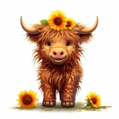 Cute Beautiful Happy Face Baby Highland cow Sunflower On Head Is Standing Full Body Sublimation Clipart,Cartoon, hyper realistic, intricate detail, illustration style,high solution,on the white background