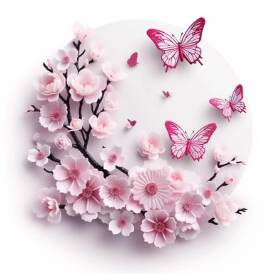 3D exceptionally beautiful pink flowers and butterflies in 3D, clipart white background