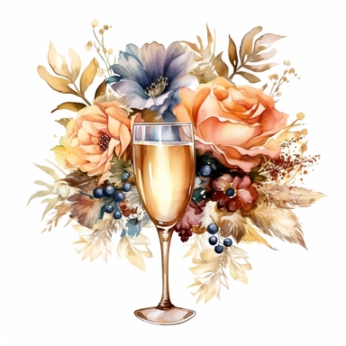 glass Champagne and Christmas Flowers style by Lucy Fleming, watercolor, smooth gradients, black contour outline, ultra detailed, clipart elements, delicate pastel colors, solid white background, super clear, high quality