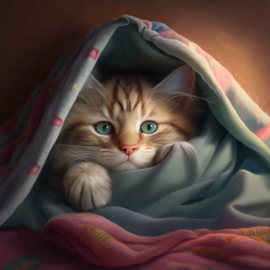 clipart,Cute kitten mi sleeps on bed full view,under blanket