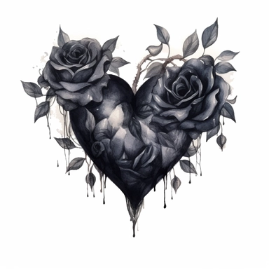 watercolor A clip art image featuring black heart with gothic roses isolated white background, minimalist, 8K