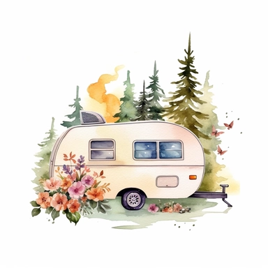 travel camping trailer with cute flowers and trees behinds the backgound clipart watercolor