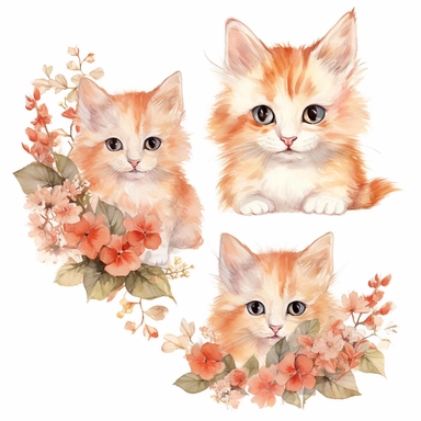 Watercolor Floral Cats Clipart Bundle, Watercolor Clipart, Digital Download, Kittens Animals, Cottagecore Kitty Cute Animals Illustrations