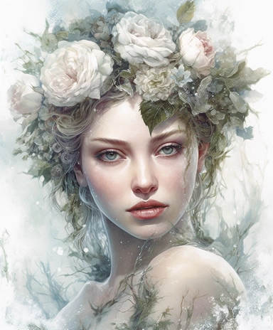 isolated on white illustration watercolor art of a portrait of beautiful feminine princess, overgrown with white and light pink roses and flowers, covered with snow and ice, a lot of moss and branches, lace and embroidery, trees, masterpiece by Tom Bagshaw style and by Hans Zatzka style and by James C. Christensen style and by Alexander Jansson style, Baroque fashion, PNG clipart, isolated on white, white background, extreme photorealistic details, 32k HD resolution, realistic high detailization