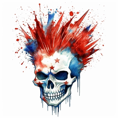 watercolour skull with a Mohawk painting american flag, in the style of digital mixed media, splatter paintings, full body, tattoo, parodic, sentimental realism, ferrania p30, clipart