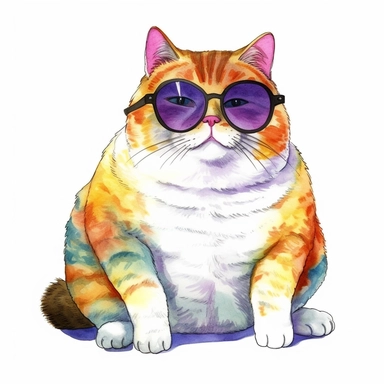 watercolor cozy watercolor clipart artwork of fat cat with sunglasses, hd white background