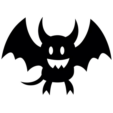 black and white silhouette of a friendly halloween bat, clipart style, white background, thick lines, vector, simple design, flat colour, solid colour