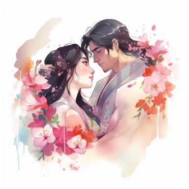 watercolor Disney Mulan and Li Shang together, romantic moment, flowers, clipart, white background, by Kawacy