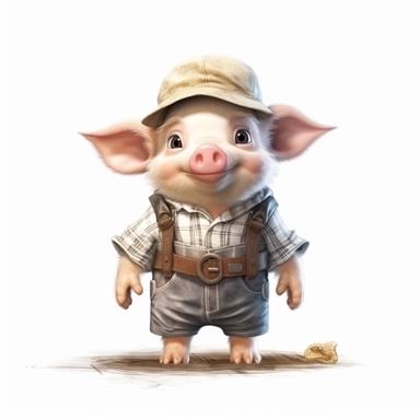 Adorable cute fantasy baby pig dressed like farmer standing in dynamic pose,front view,fullbody,sharp through out,happy expression, nursery art, clipart image, lineart image, white background, very detailed, 8k, composition wide shot