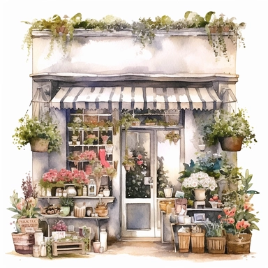 Big fantasy Watercolor floral Flower Shop store Clipart, make it detailed and creative, white background