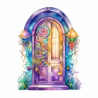 cartoon fairy door, glowing lights and sparkles, colors of green purple gold and blue, glamorous realistic and detailed, watercolor, white background with margins, clipart style